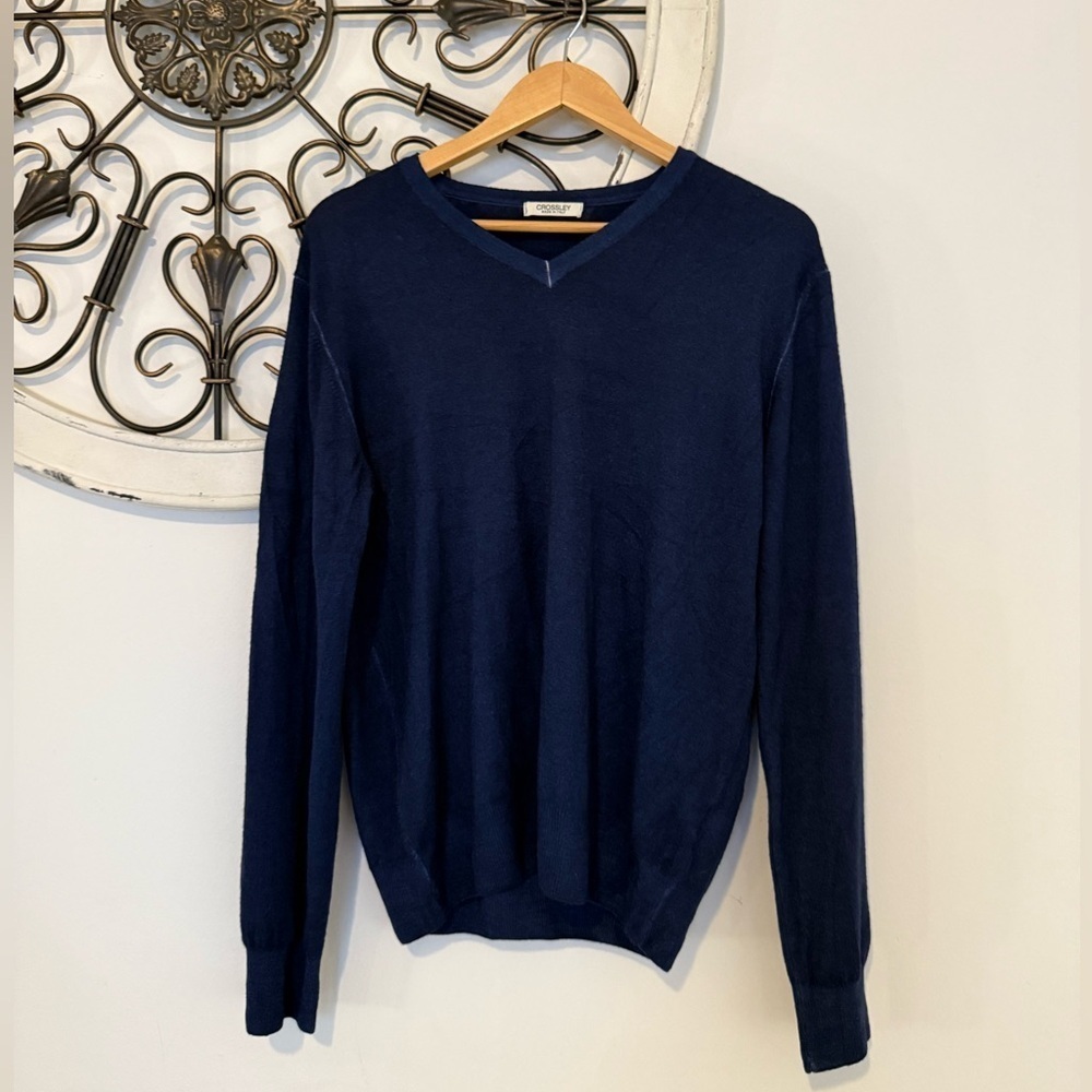 .CROSSLEY Merino Wool V-Neck Sweater w. Elbow Patches in Blue size Men’s L Large - Picture 2 of 4